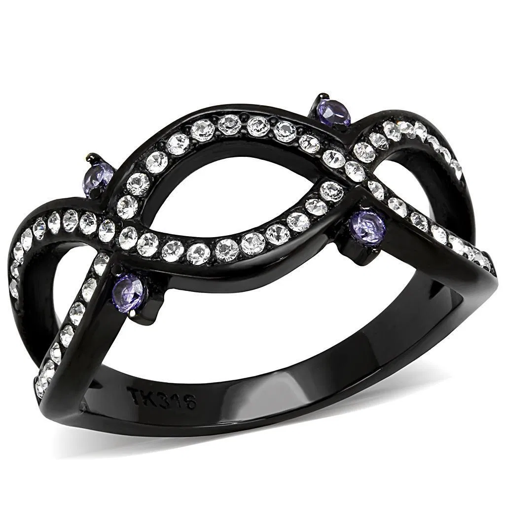TK3047 - IP Black(Ion Plating) Stainless Steel Ring with AAA Grade CZ in Amethyst - Grocery