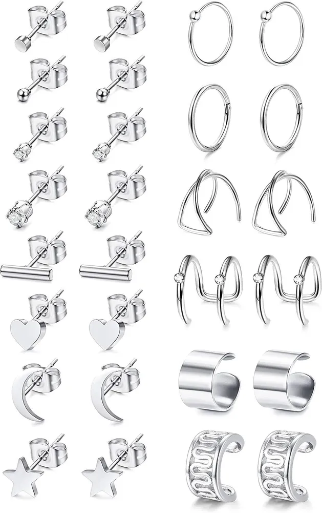 14Pairs Stainless Tiny Stud Earrings Set for Women Hoop Ear Clips Ear Cuffs Helix Cartilage Ear Piercing - Grocery