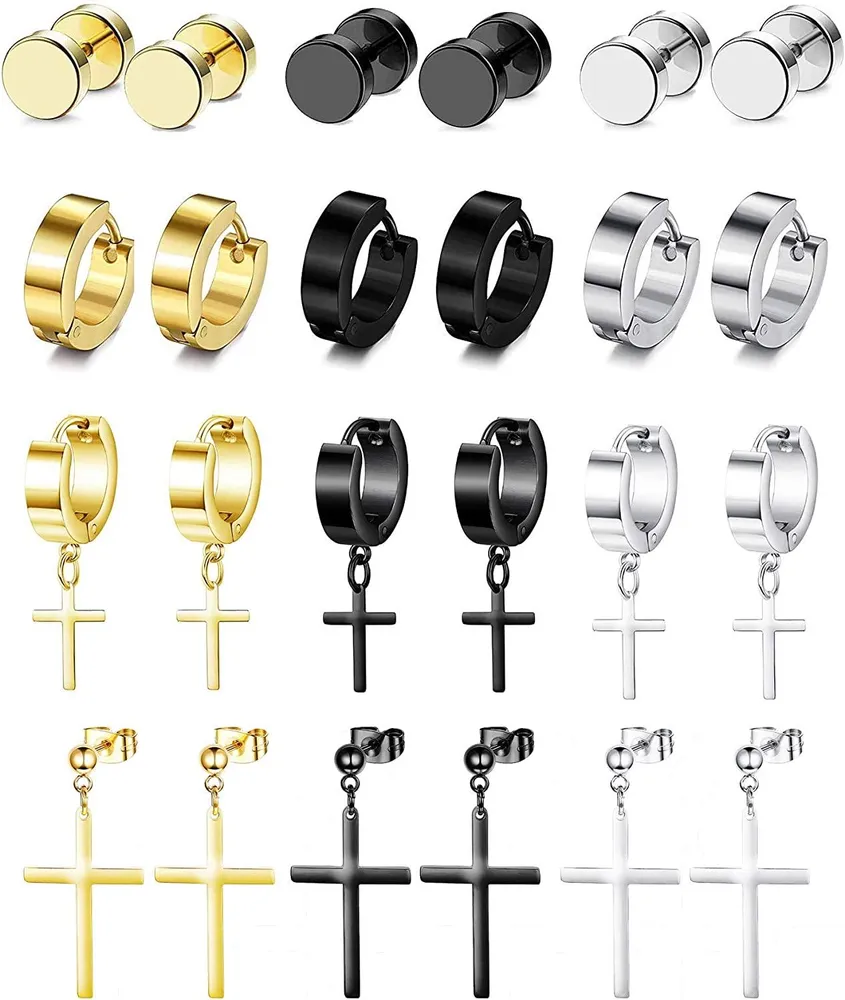 12 Pairs Stainless Huggie Dangle Earrings for Men Women Goth Punk Hoop Hinged Piercing Earrings Set - Grocery