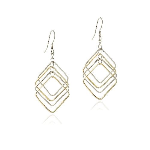 Sterling Silver Two Tone Geometric Square Dangle Earrings - Grocery
