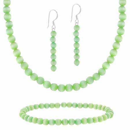 Sterling Silver 4mm Light Green Simulated Cats Eye Stone Bead Beaded Dangle Hook Earrings Stretch Bracelet Necklace 15-19