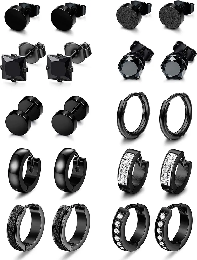 10 Pairs Earrings for Men Stainless CZ Stud Earrings Mens Huggie Hoop Earrings Set - Grocery