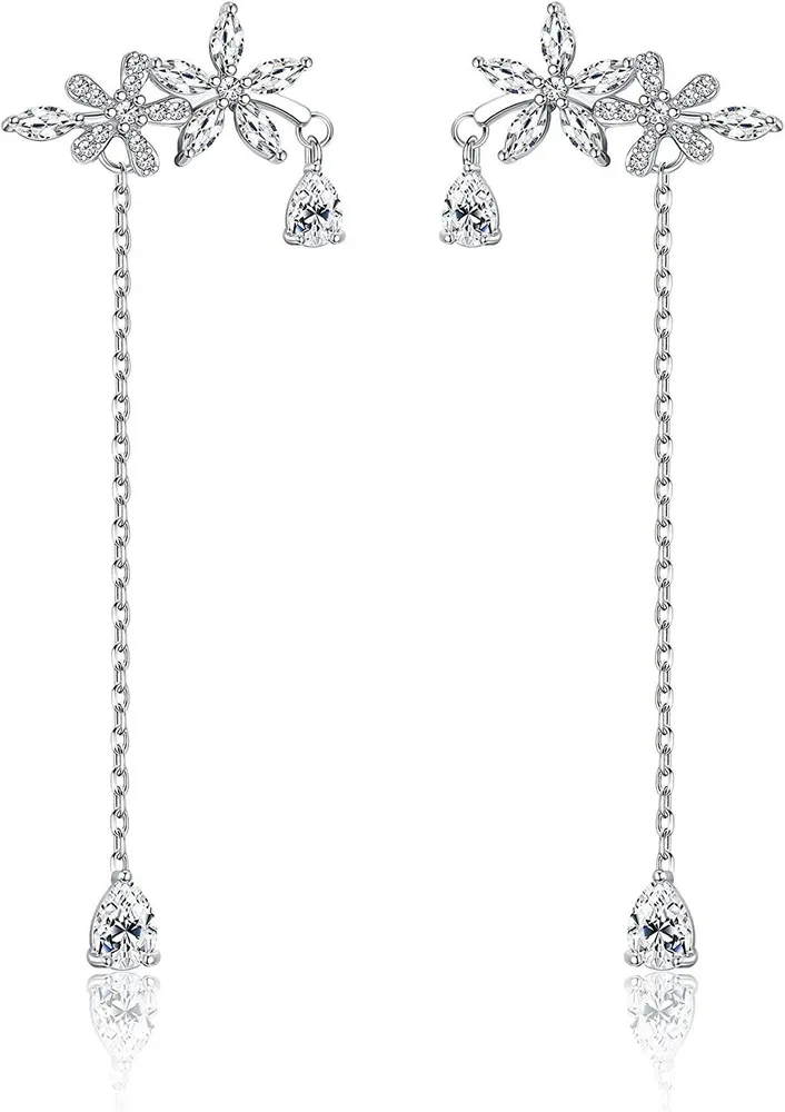 925 Sterling Silver Dangling Earrings for Women CZ Flower Cuff Ear Crawler Earrings Kpop Earrings - Grocery