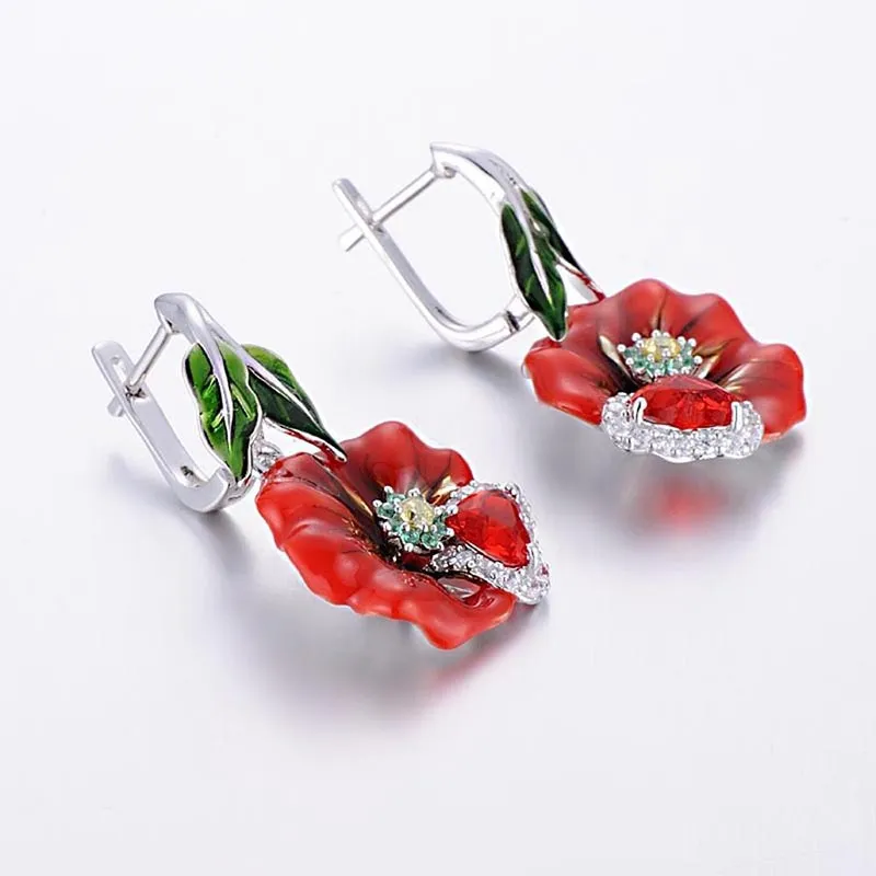 Red Flower Zircon Dangle Earrings For Women Romantic Wedding Party Jewelry - Grocery