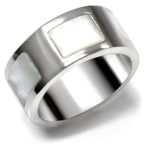 TK043 - High polished (no plating) Stainless Steel Ring with Precious Stone Conch in White - Grocery