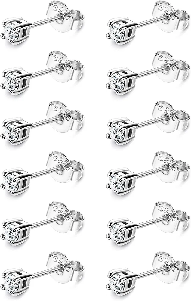 6 Pairs 925 Sterling Silver Tiny CZ Stud Earrings Set For Womens Small 3mm Cubic Zirconia Earrings - Grocery