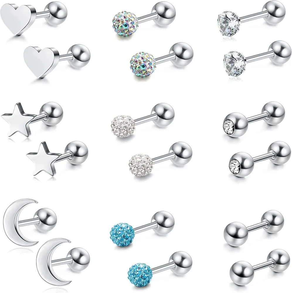 9 Pairs 18 Gauge Stainless Star Moon Heart Ball Cartilage Tragus Earring Stud Piercing Sets for Women Men Hypoallergenic Stud Earrings - Grocery