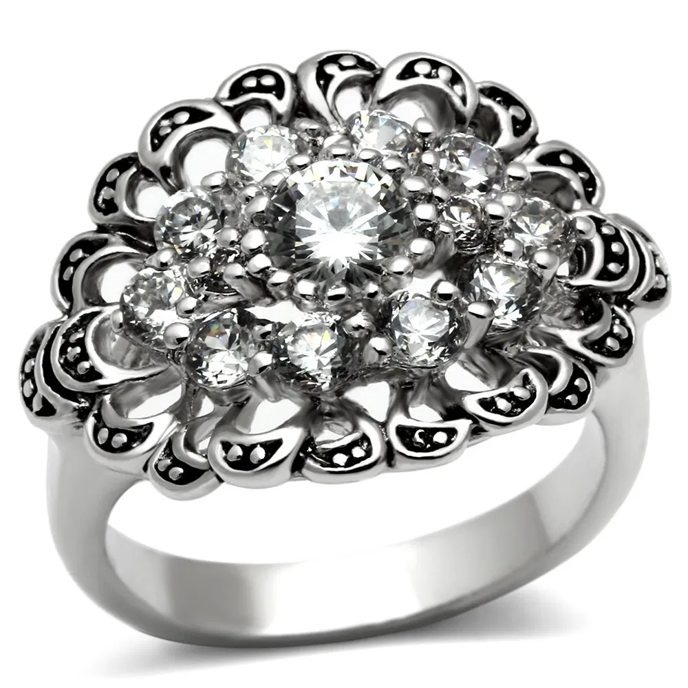 3W184 - Rhodium Brass Ring with AAA Grade CZ in Clear - Grocery