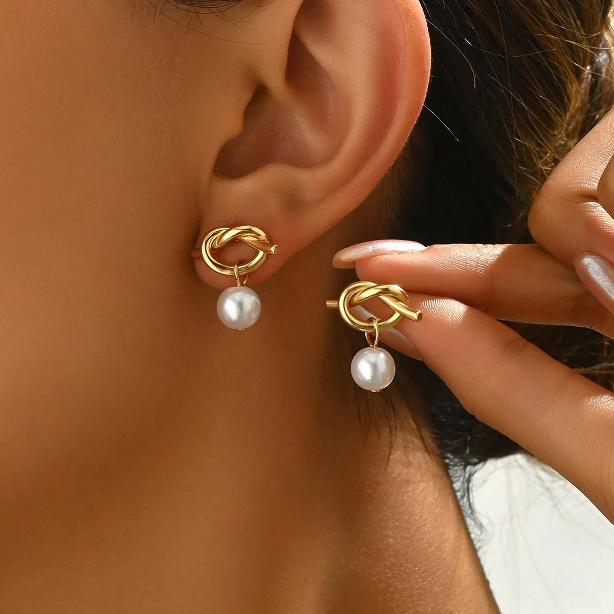 Elegant Gold Knot Pearl Drop Earrings – Classic and Comfortable Studs for a Sophisticated Look - Grocery