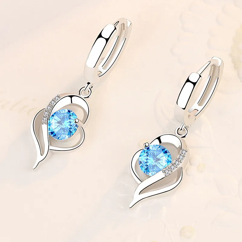 925 Sterling Silver New Woman Fashion Jewelry High Quality Blue Pink White Purple Crystal Zircon Hot Selling Earrings - Grocery