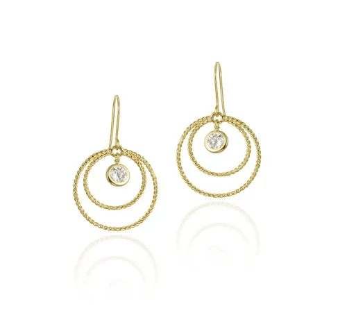 10K Gold CZ & Double Circles Dangle Earrings - Grocery