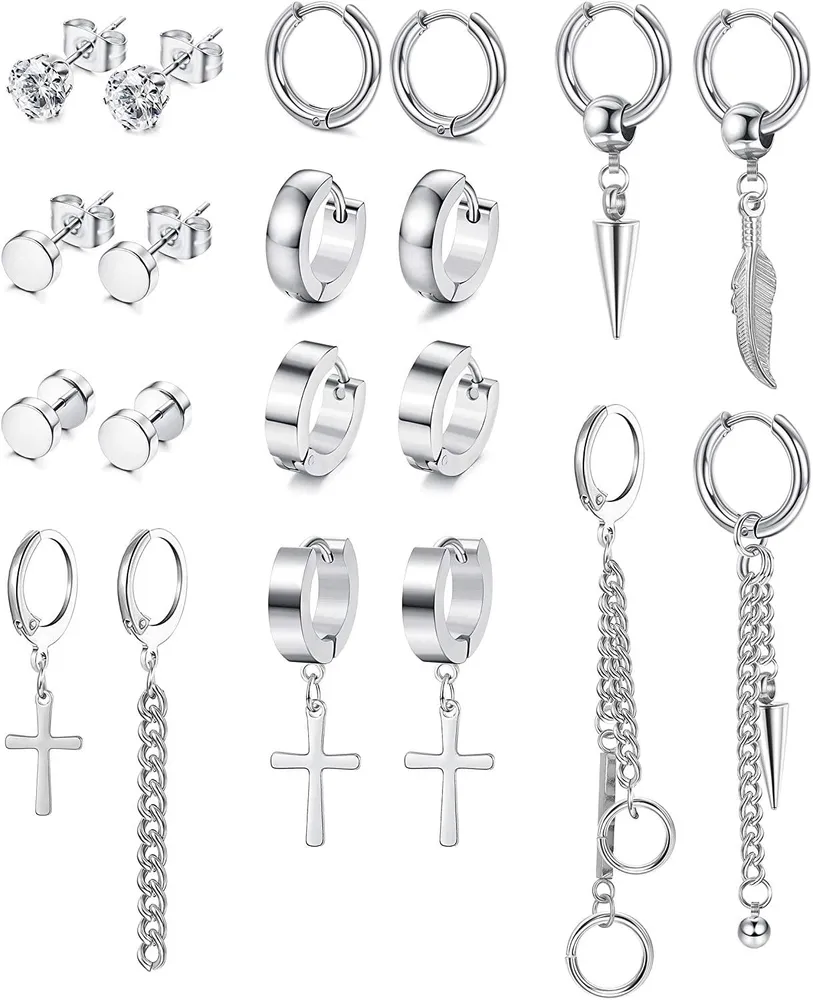 10 Pairs Stainless Dangle Earrings for Men Women Cool CZ Stud Hinged Hoop Cross Feather Chain Drop Earring Set - Grocery