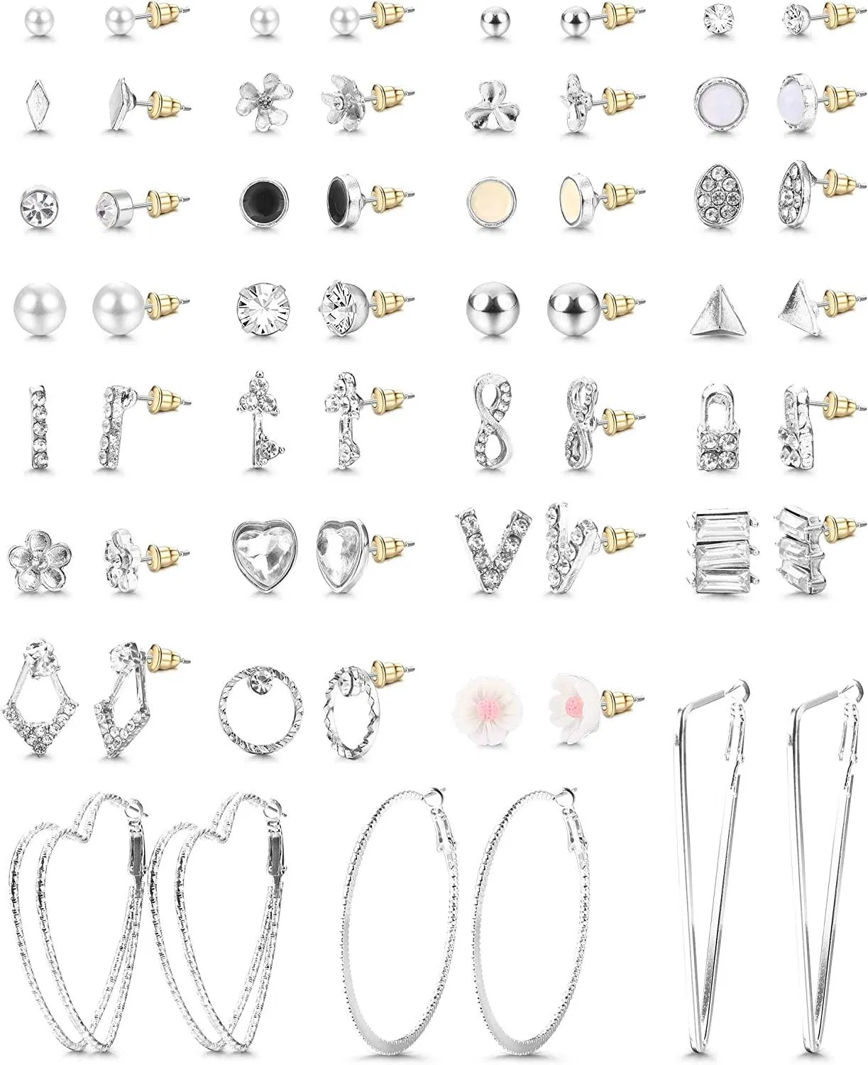 30 Pairs Assorted Multiple Stud Earrings for Women Men Crystal Faux Pearl Butterfly Geometric Simple Cute Big Hoop Statement Earrings Set - Grocery
