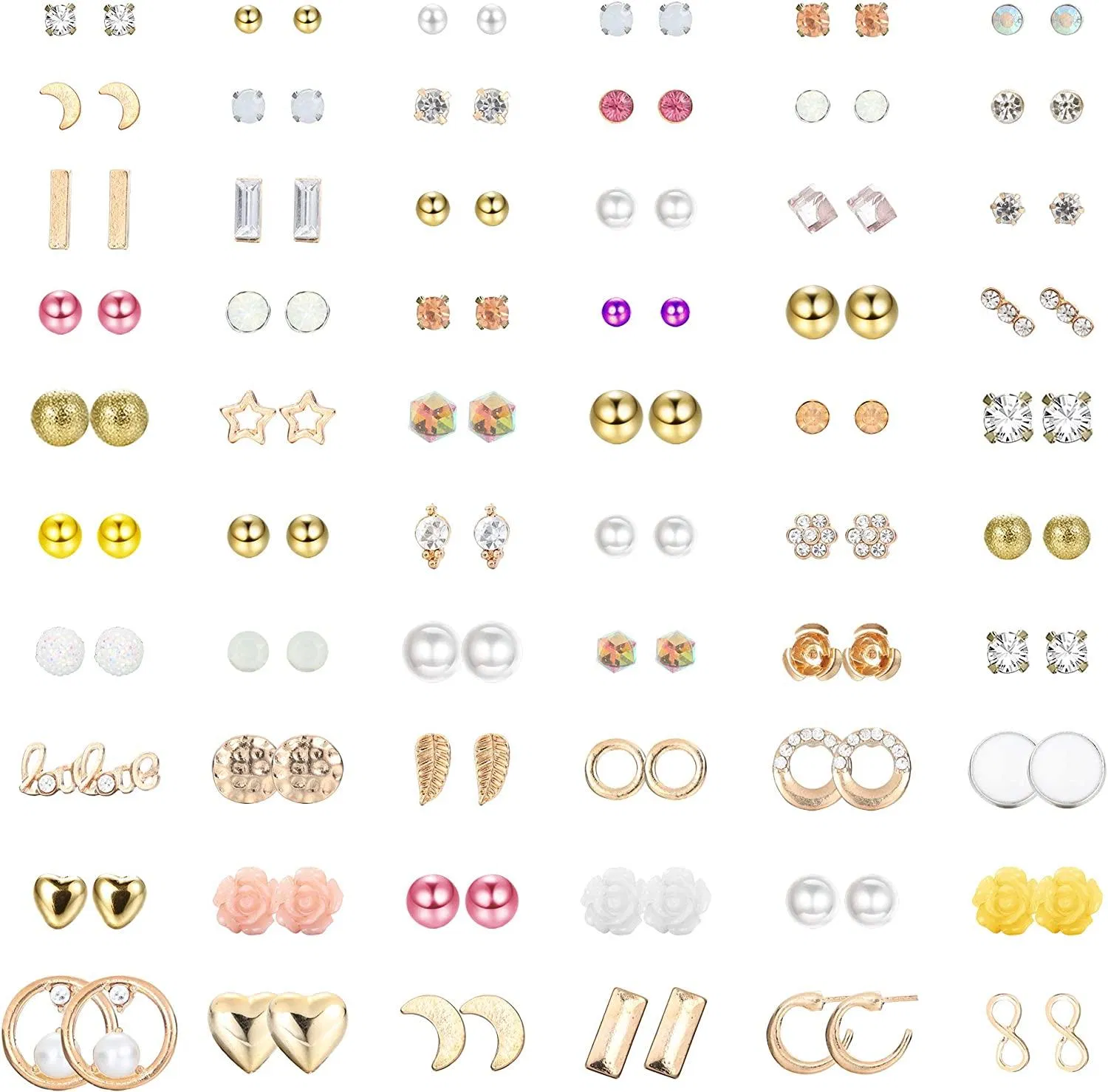 60 Pairs Assorted Stud Earrings Set Star Moon Ball Crystal Stud Earrings Geometric Circle Leaf Faux Pearl Earrings Set for Women - Grocery