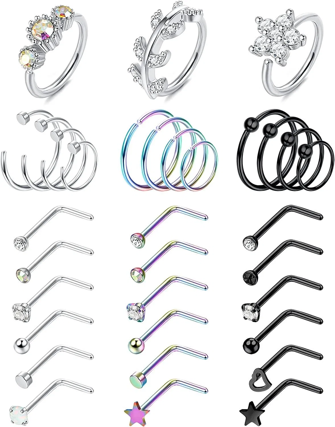 33Pcs 20G Hoop Nose Rings Studs for Women Men 316L Stainless Steel Nose Rings Set L Shape Nose Piercing Studs - Grocery