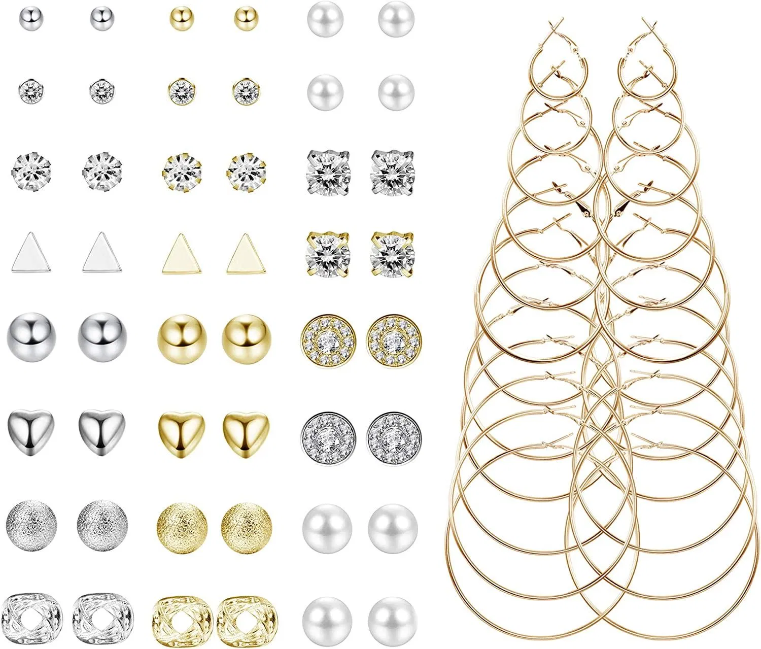 36 Pairs Assorted Multiple Stud Earrings Set for Women Big Hoop Earrings Round Ball Triangle Crystal Pearl Earring Set - Grocery