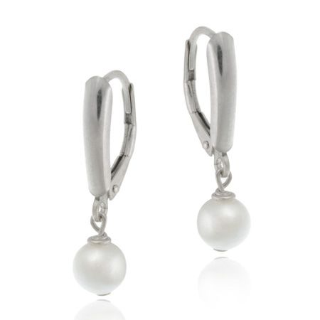 Sterling Silver White Simulated Pearl Leverback Earrings - Grocery