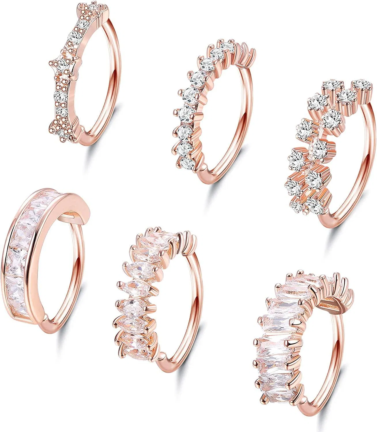 6PCS Stainless Nose Hoop Rings Paved CZ Crawler Hoop Earrings Leaf Flowers Lip Helix Cartilage Earring Nose Ring Piercing for Women - Grocery