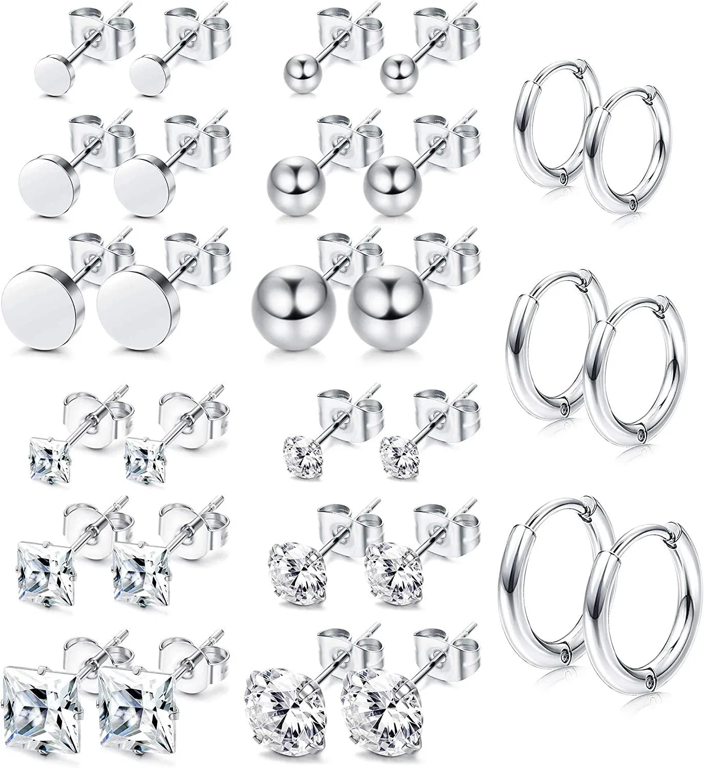 15 Pairs CZ Stud Earrings Stainless Earrings for Women Men Small Hoop Huggie Earrings Ear Piercing - Grocery