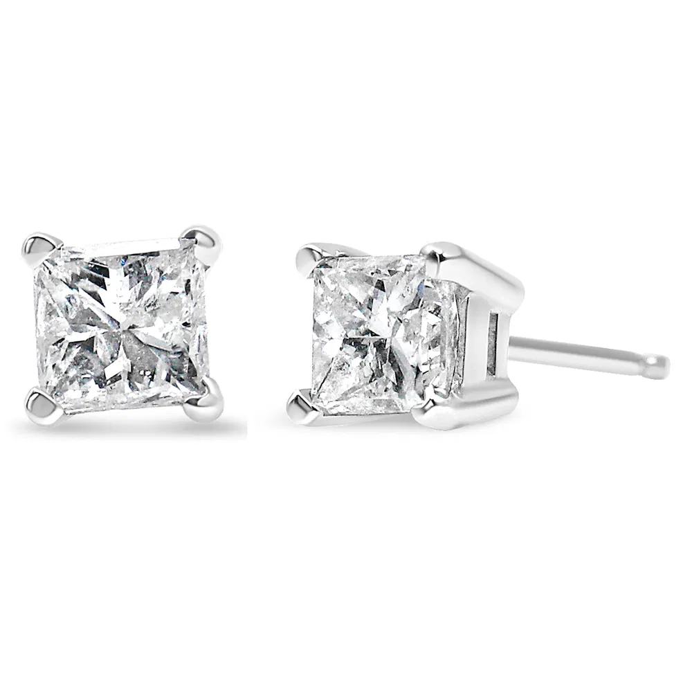 AGS Certified 14k Gold 4-Prong Set Princess-Cut Solitaire Diamond Push Back Stud Earrings (I-J Color, SI1-SI2 Clarity) - Grocery