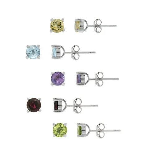 Sterling Silver 5mm Round Amethyst, Citrine, Peridot, Garnet, and Blue Topaz Stud Earring Set - Grocery