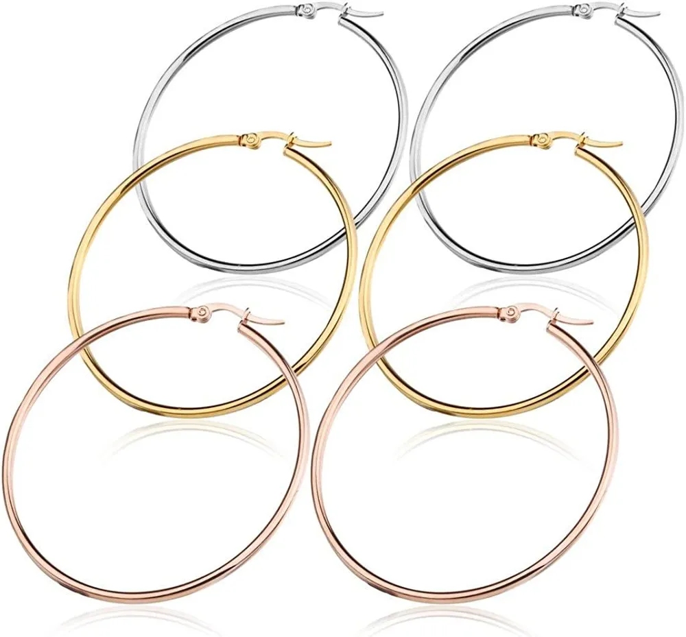 3 Pairs Stainless Hoop Earrings Set for Women 40-60mm - Grocery