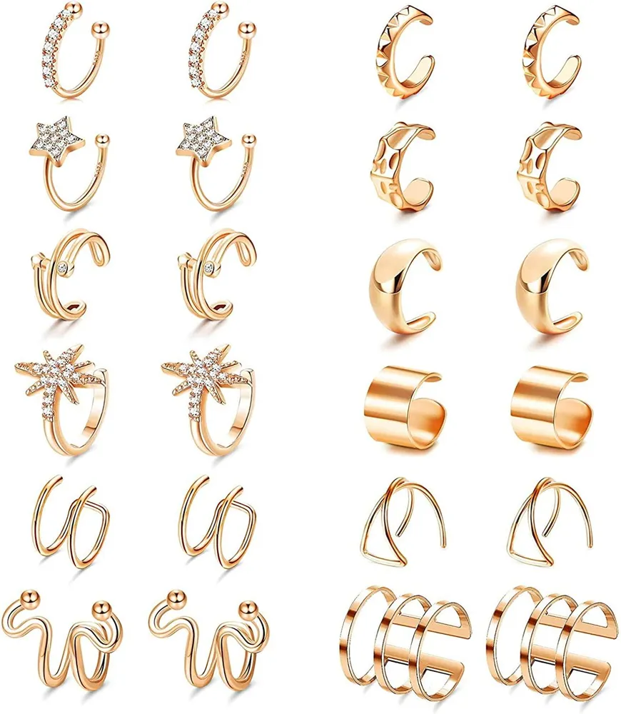 12 Pairs Ear Cuff Helix Cartilage Clip On Earrings for Women Non Piercing Huggie Hoops Earcuffs Set - Grocery