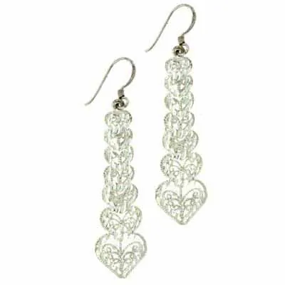 Sterling Silver Diamond Cut CZ Heart Filigree Dangle Earrings - Grocery