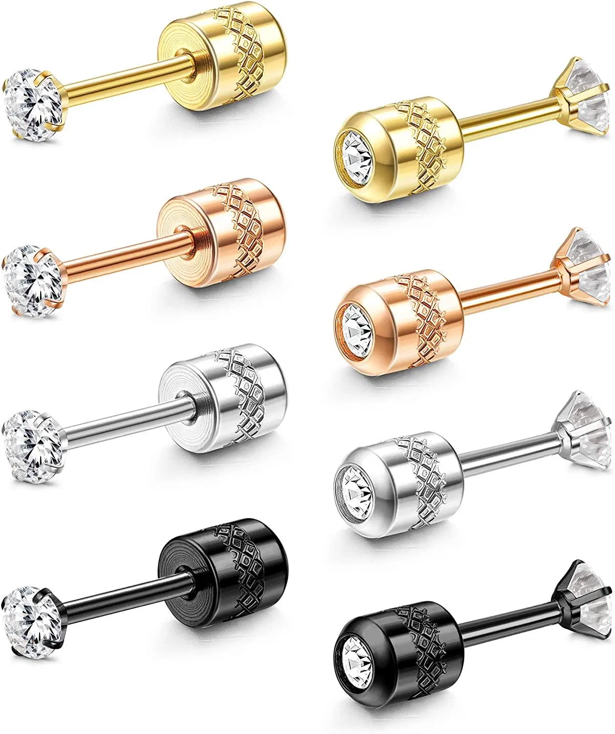 Stainless Double Sided Stud CZ Earrings for Men Women Round Cubic Zirconia Screw Back Earring Set 4 Pairs 6mm - Grocery