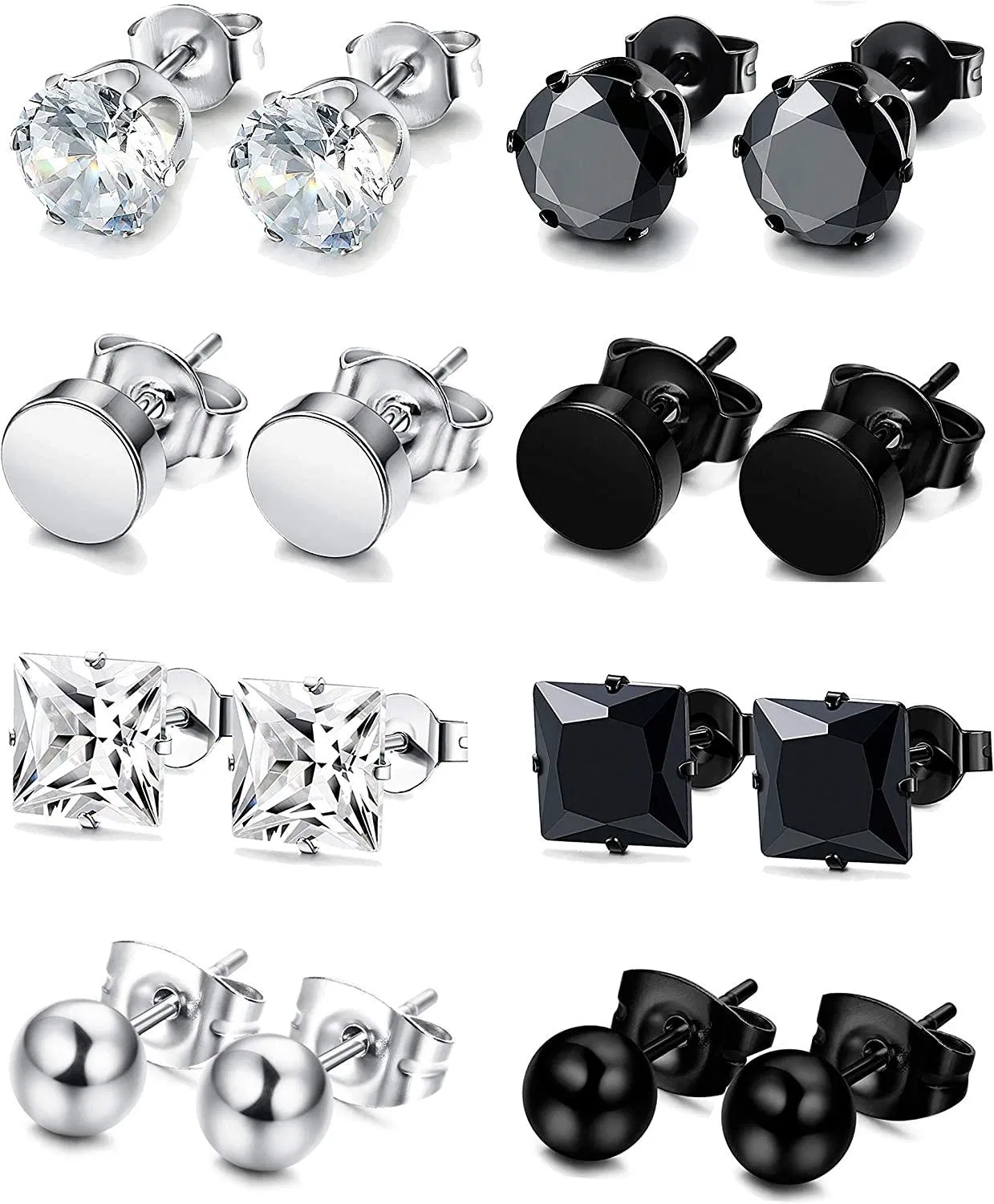 8 Pairs Stainless Steel CZ Stud Earrings Set Men Women Unisex Ear Piercing Jewelry - Grocery