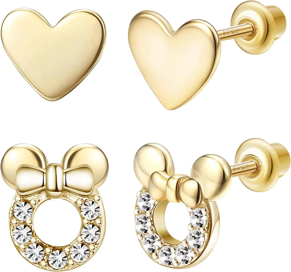 2Pairs 925 Sterling Silver Mouse Cubic Zirconia Plain Heart Screwback Earrings for Women Cute Dainty Stud Earrings Set - Grocery