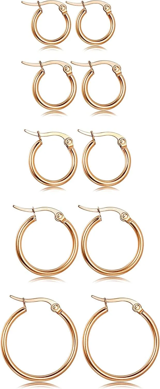 Stainless Small Hoop Earrings Clasp Gold Plated Hoop Rounded Earrings Set for Women Men Nickel Free - Grocery