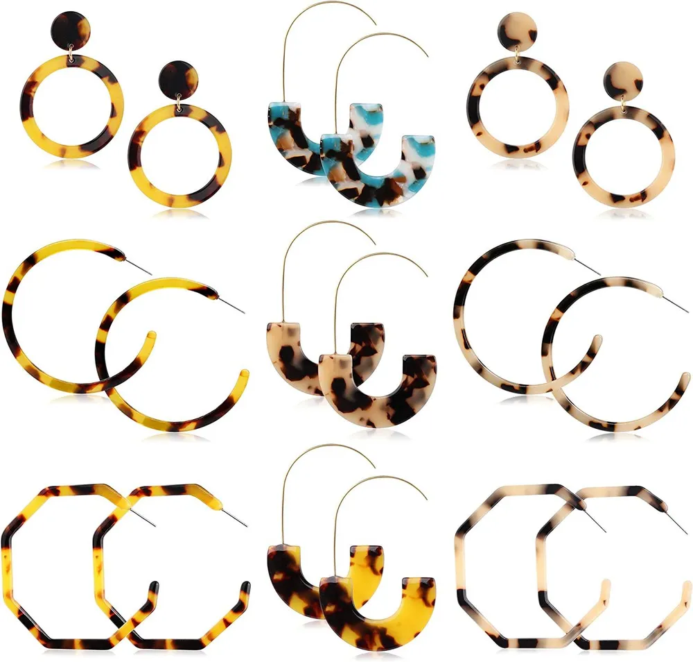 9 Pairs Acrylic Hoop Drop Statement Earrings for Women Resin Fashion Jewelry - Grocery