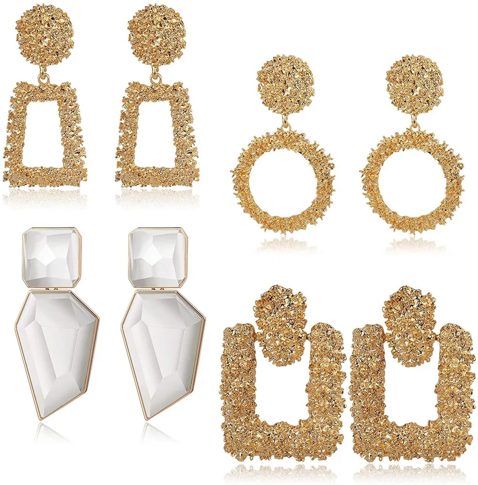 4 Pairs Statement Dangle Earrings for Women Rhinestone Exaggelated Large Drop Geometric Earrings - Grocery