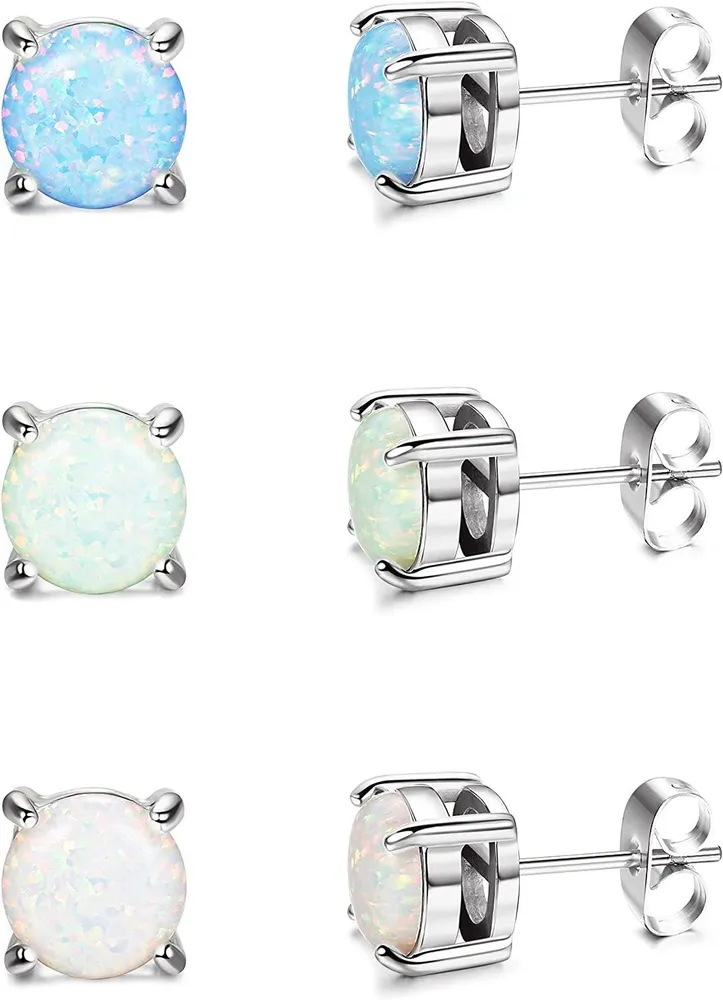 3 Pairs Opal Earrings Stud For Women Dainty October Birthstone Earrings Set Cute Round Opal 4mm - Grocery