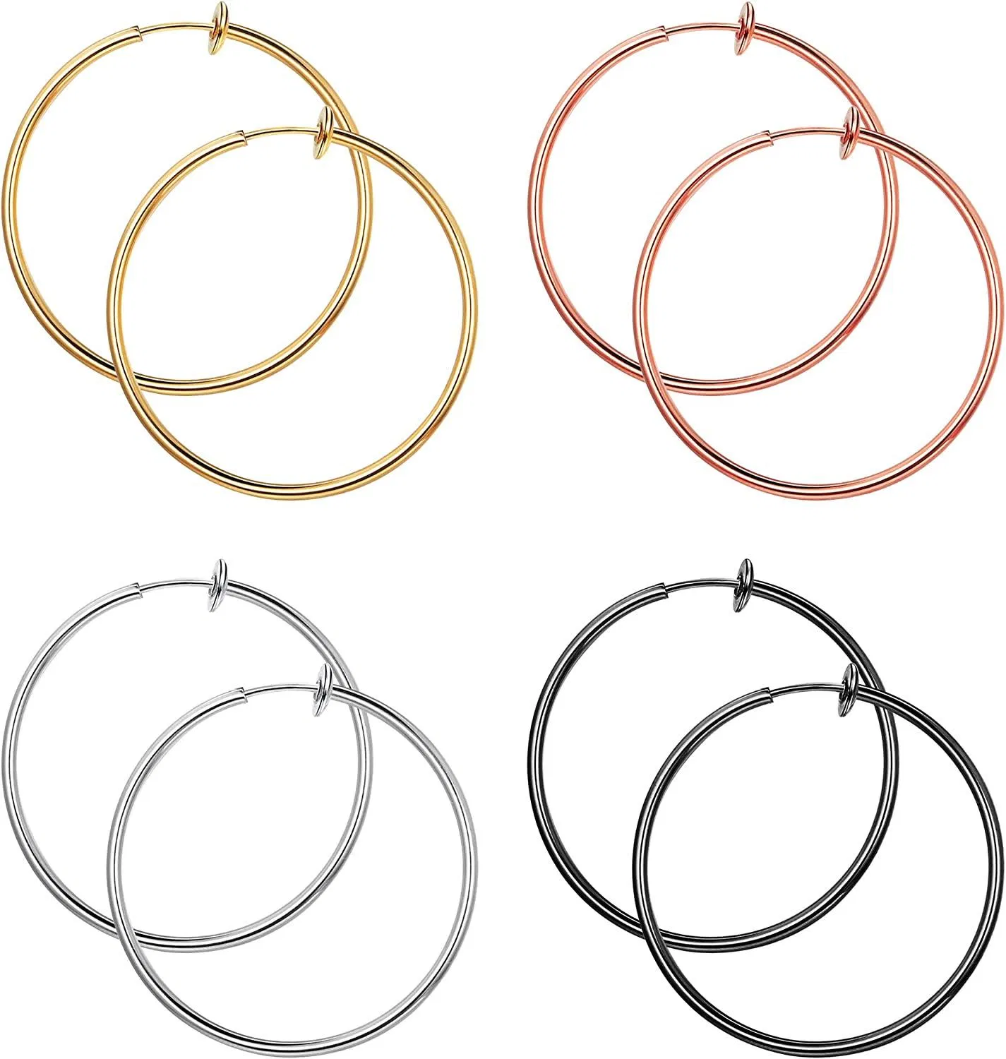 4 Pairs Stainless Fake Hoop Earrings for Woman Men Big Clip On Hoop Earrings Set Non-Pierced Ear - Grocery