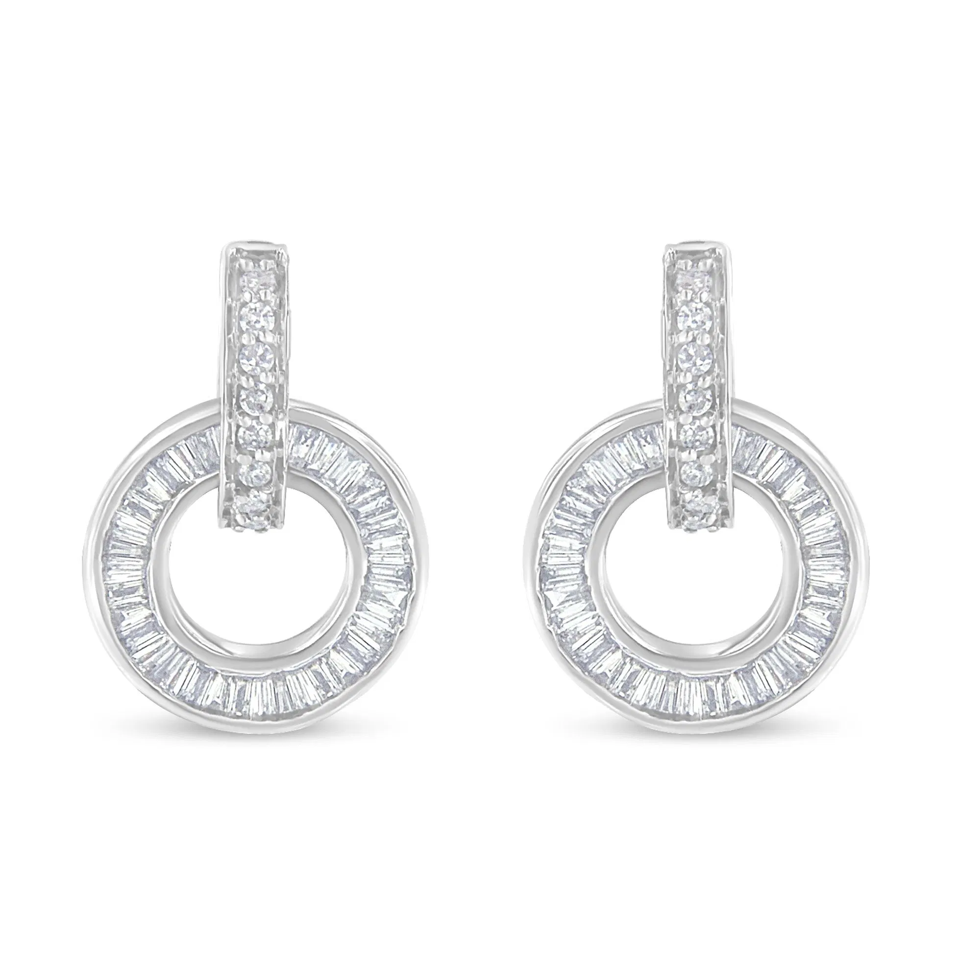 14k White Gold Round and Baguette Cut Diamond Earrings (1 cttw, G-H Color, SI1-SI2 Clarity) - Grocery