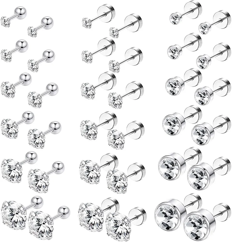 18G 18 Pairs Stainless Steel Screwback Cartilage Stud Earrings for Men Women Flatback Tragus Helix Ear Stud Piercing Earrings Set - Grocery