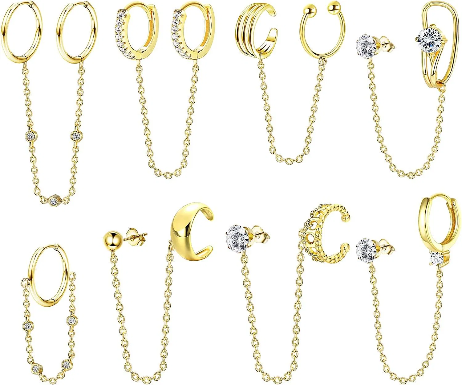 8PCS Chain Earrings for Women Huggie Wrap Earrings with Chain CZ Double Hoop Earring Minimalist Chain Cuff Earrings - Grocery