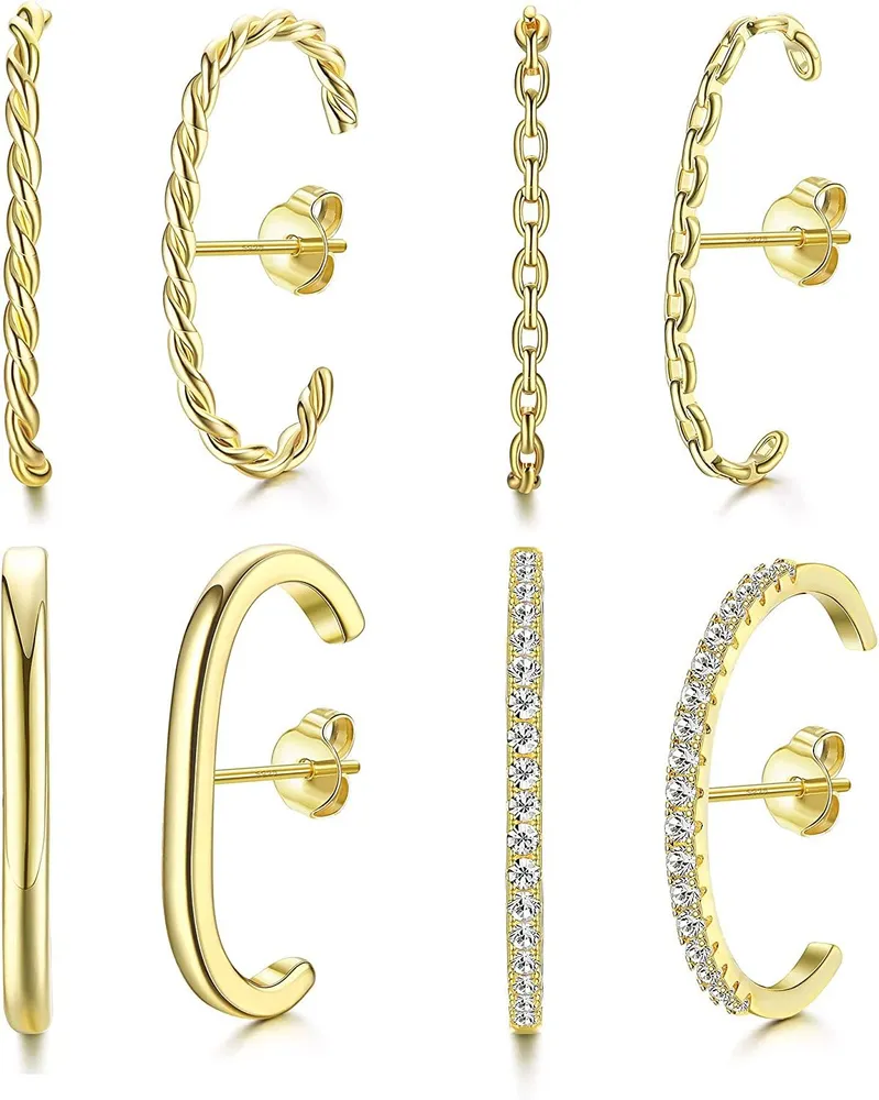 4 Pairs 925 Sterling Silver Suspender Earring for Women Minimalist Ear Lobe Cuff Stud Earring CZ Wrap Crawler Suspension Hoop Earring Set - Grocery