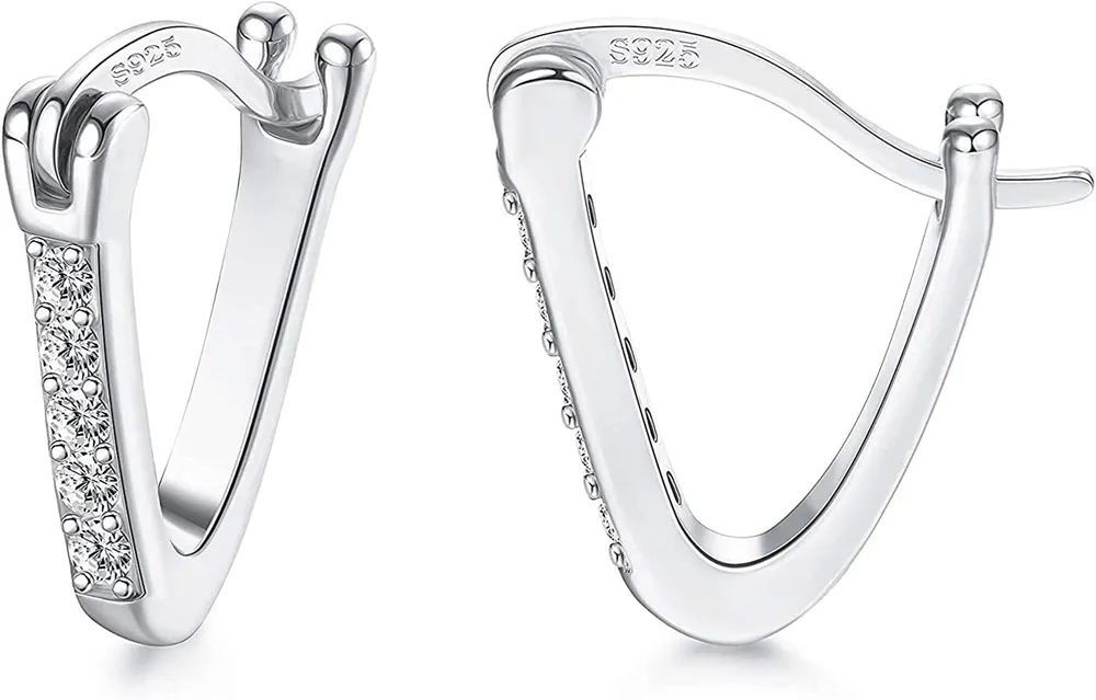 18K Gold Plated Sterling V-Shaped Huggie Earrings Fine Stones from Austria Small Hoop Earrings for Women - Grocery