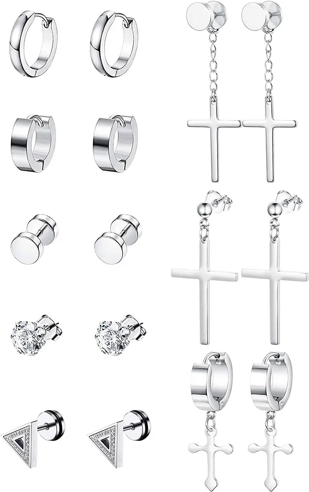 Stainless Dangle Hinged Hoop Earrings for Men Women Huggie Drop Earrings 3-8Pairs - Grocery
