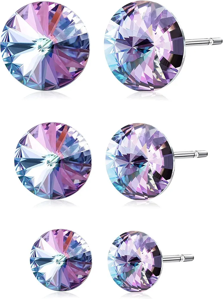 3 Pairs Crystals Stud Earrings Set; Crystals from Austria; Round-Cut Crystals Earrings with Steling Silver Post; Hypoallergenic Earrings - Grocery