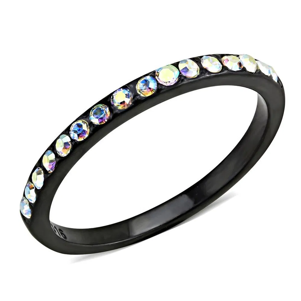 TK3556 - IP Black(Ion Plating) Stainless Steel Ring with Top Grade Crystal in Aurora Borealis (Rainbow Effect) - Grocery