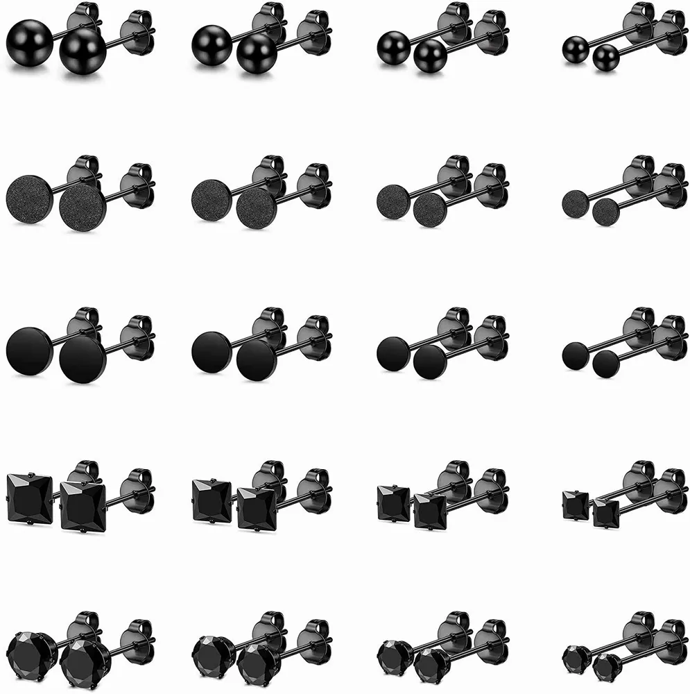 20 Pairs Stainless Black Stud Earrings for Men Women Earring Set CZ Inlaid 3mm-8mm - Grocery