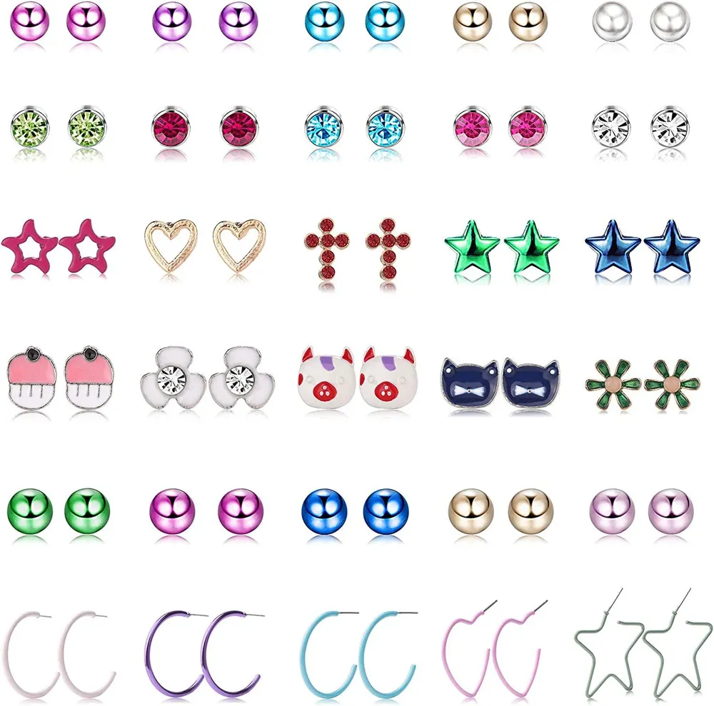 Stainless Stud Earrings For Women Girls Assorted Cute Animals Fox Owl Bee Snowman Star Flower Pearl Stud Earring Set Hypoallergenic Earrings For Kids - Grocery