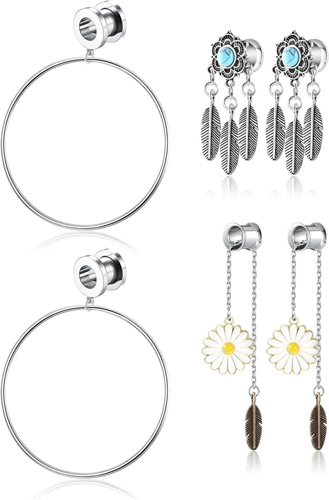 3pairs Ear Tunnel Plugs Stainless Dangle Ear Gauges Expander Stretcher 8-16mm Ear Piercing for Women - Grocery