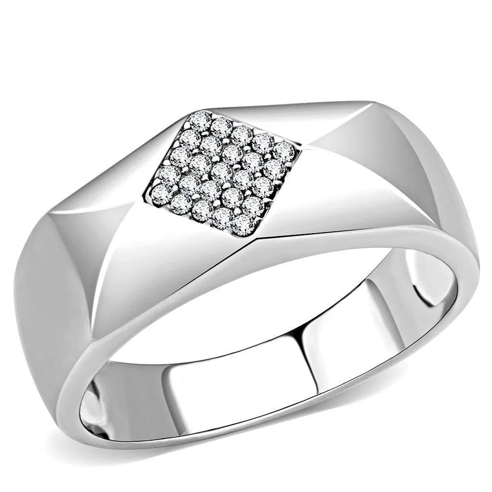 DA288 - High polished (no plating) Stainless Steel Ring with AAA Grade CZ in Clear - Grocery
