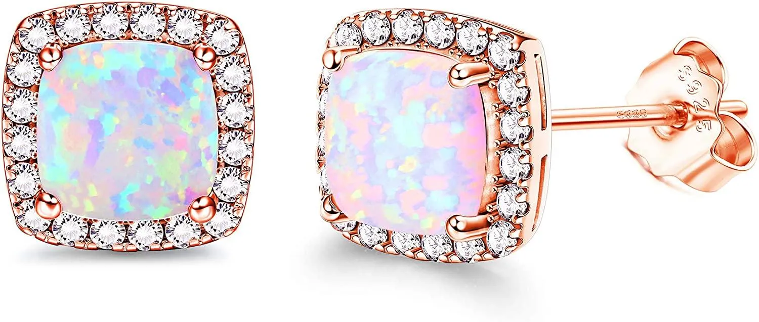 925 Sterling Opal Halo Stud Earrings For Women Cubic Zirconia Opal Halo Earrings Hypoallergenic Earrings October birthstone Opal Jewelry - Grocery