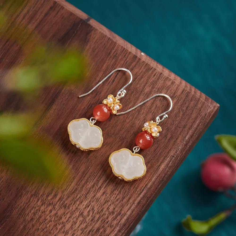 S925 South Red Pearl Earrings Petal Shape Temperament Earrings Women's Jewelry - Grocery